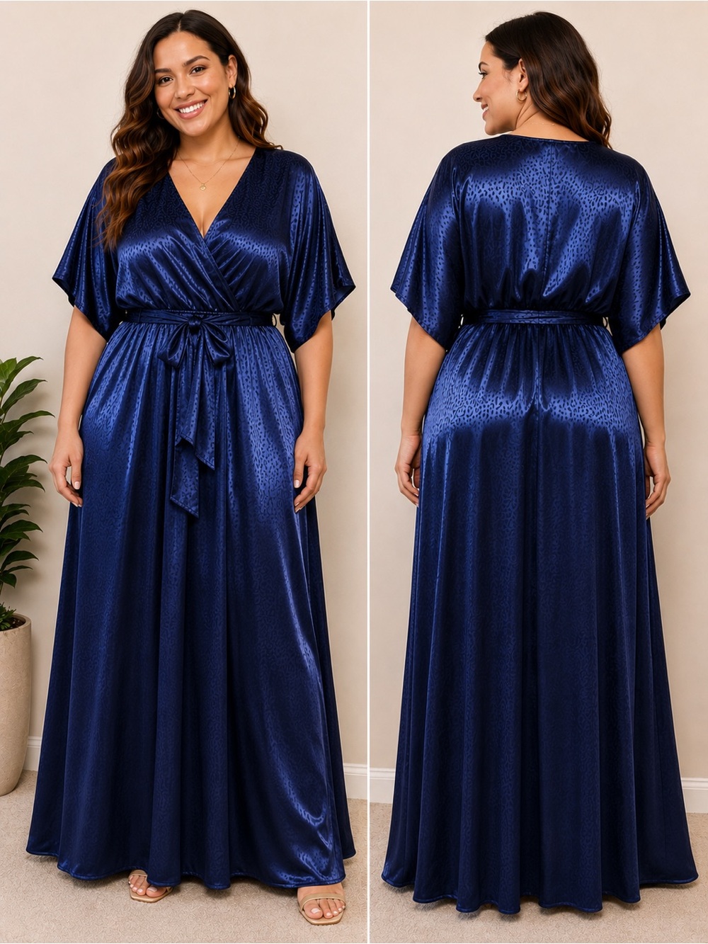 Baltic Born Navy Blue Satin Maxi Dress with Tie Waist